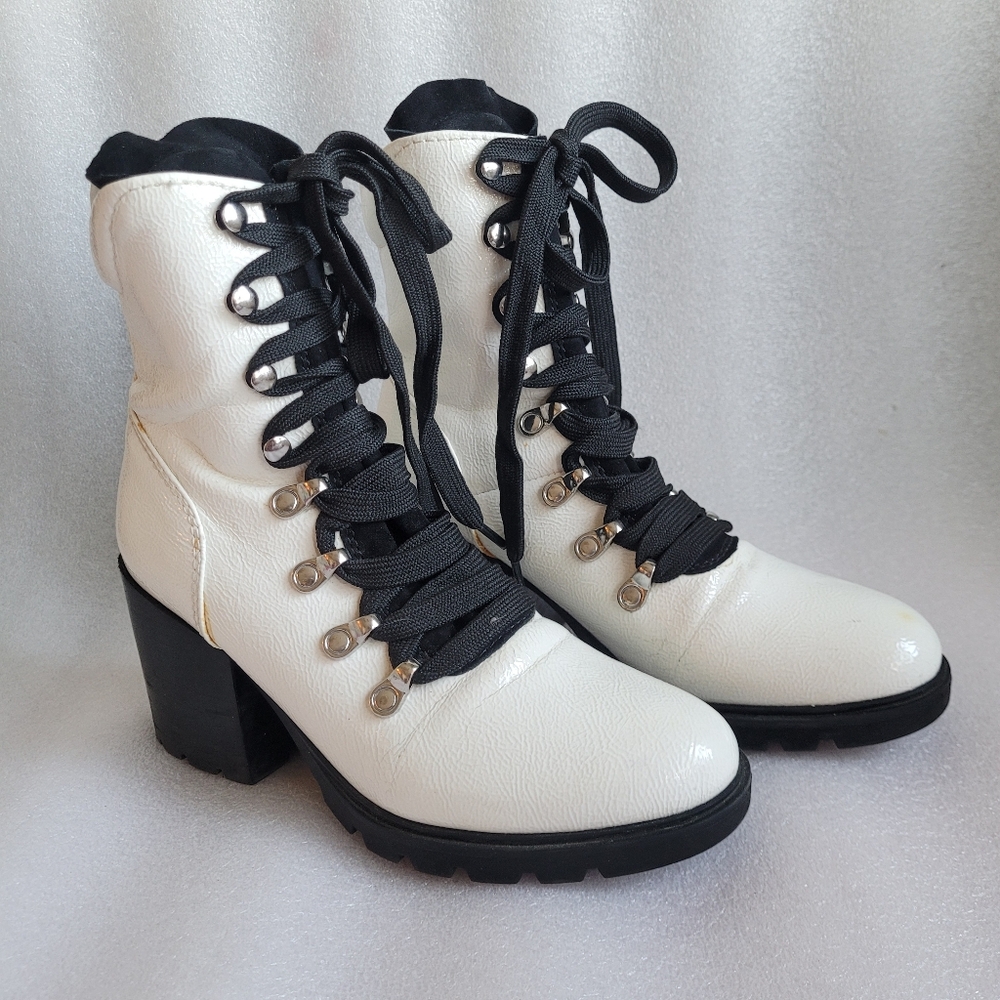 White Patent Leather Block Heel Combat Boots Kendall & Kylie Spencer Boot Size 7 - Picture 2 of 12